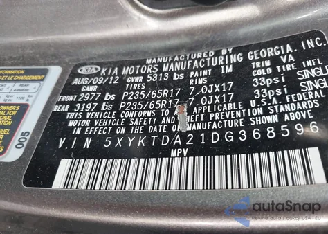 2013 Kia Sorento Lx V6 z USA, uszkodzony, nr VIN 5XYKTDA21DG368596